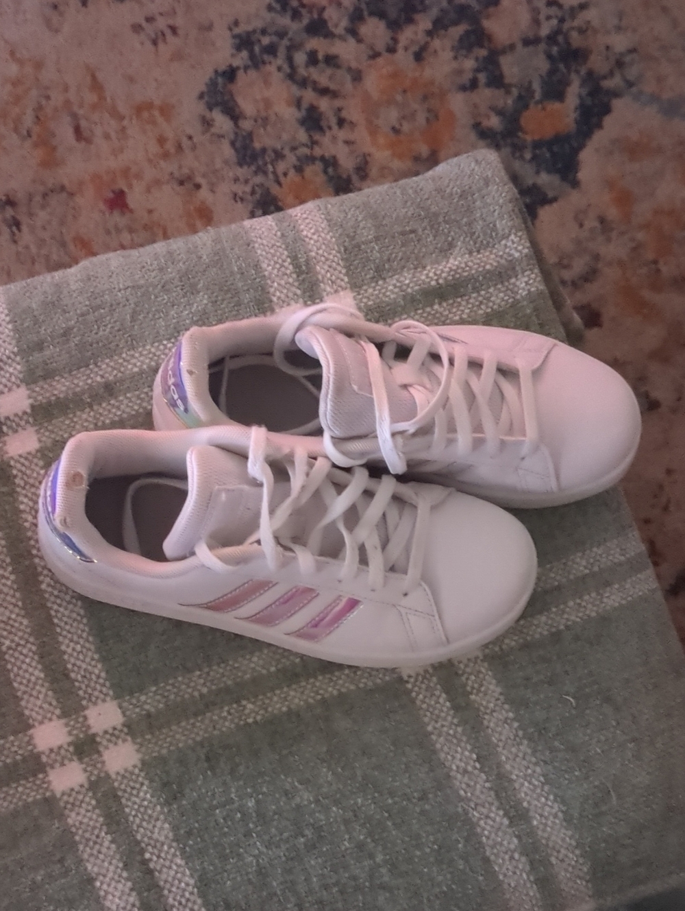 adidas White Kids Sneakers with Pink and Purple Accent Stripes